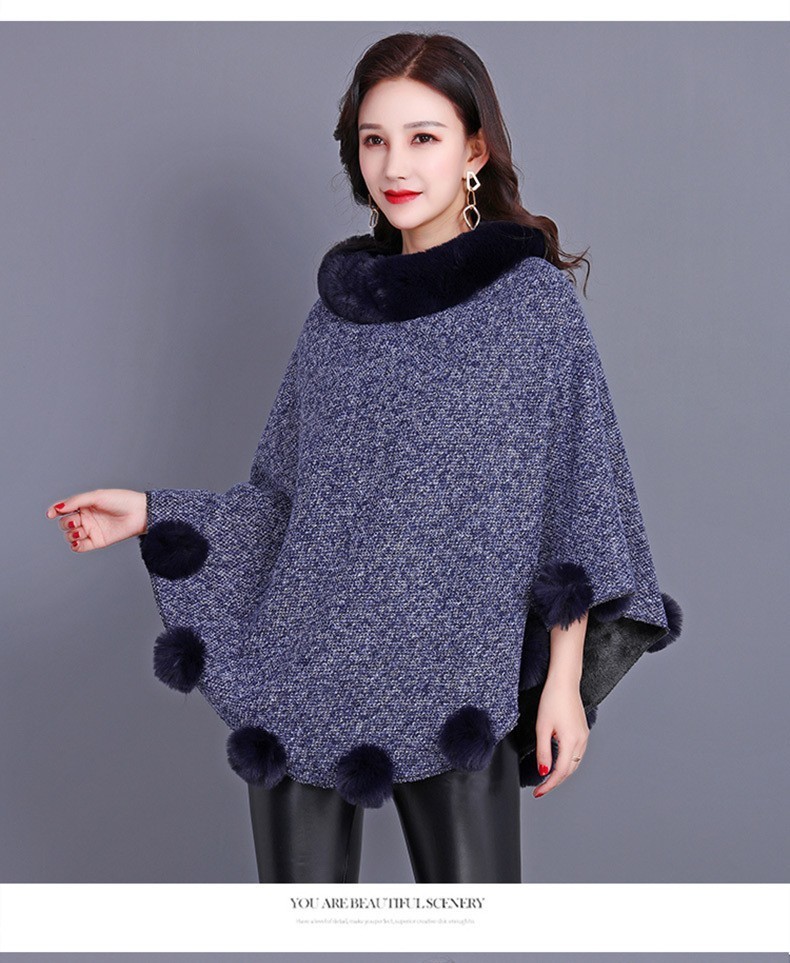 FUR COLLAR FUR BALL ACCENT PONCHO TWD001 > Scarves > Mezon Handbags