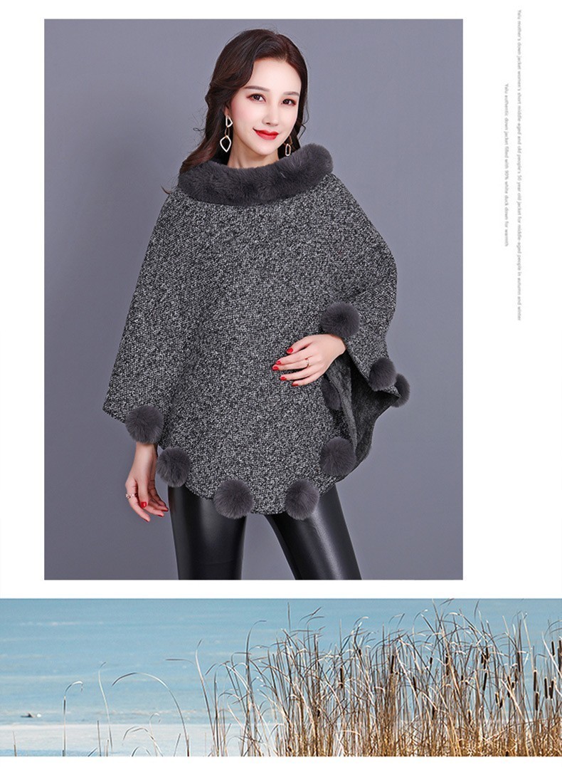 FUR COLLAR FUR BALL ACCENT PONCHO TWD001 > Scarves > Mezon Handbags