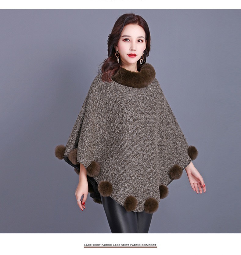 FUR COLLAR FUR BALL ACCENT PONCHO TWD001 > Scarves > Mezon Handbags