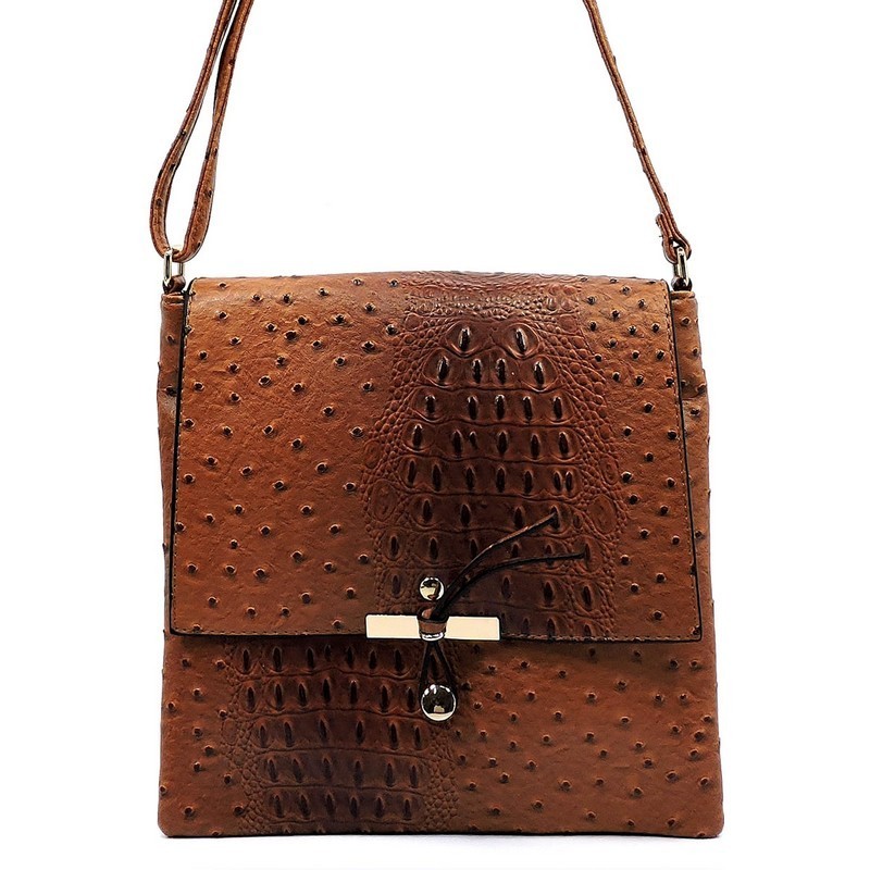 Ostrich Handbag Flapover Cross Body Bag with Bamboo Handle