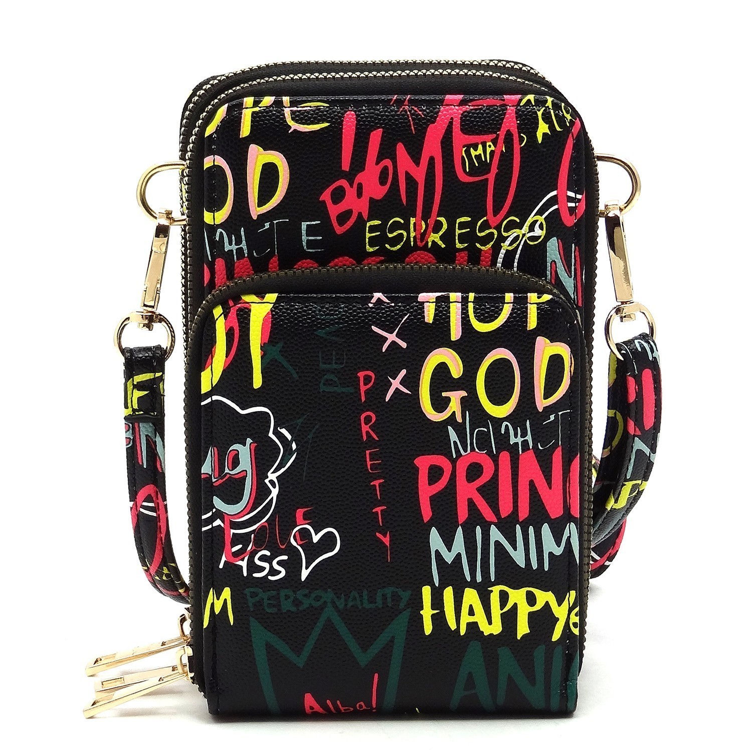 Trendy Multi Graffiti Print Cell Phone Purse Crossbody Bag FW
