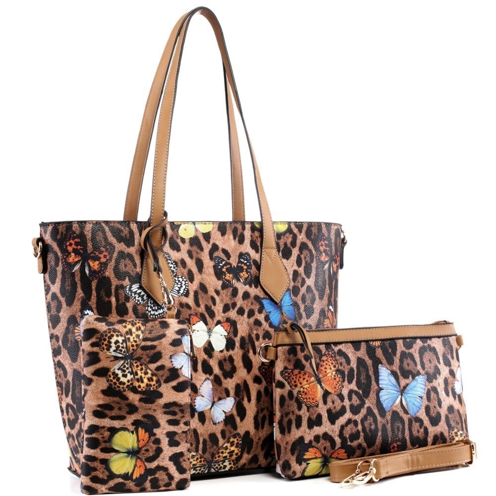 3 in 1 Butterfly Leopard Print Tote Cross Body Value SET MH-BS3658