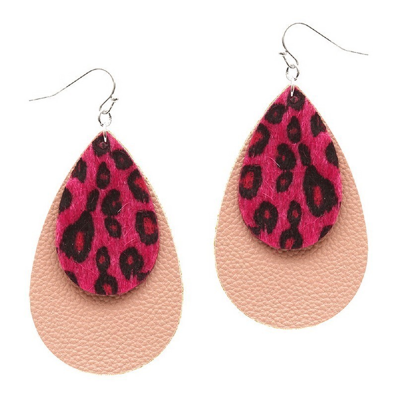 Stylish Leopard Print Accent Layered Leather Teardrop Earrings MH