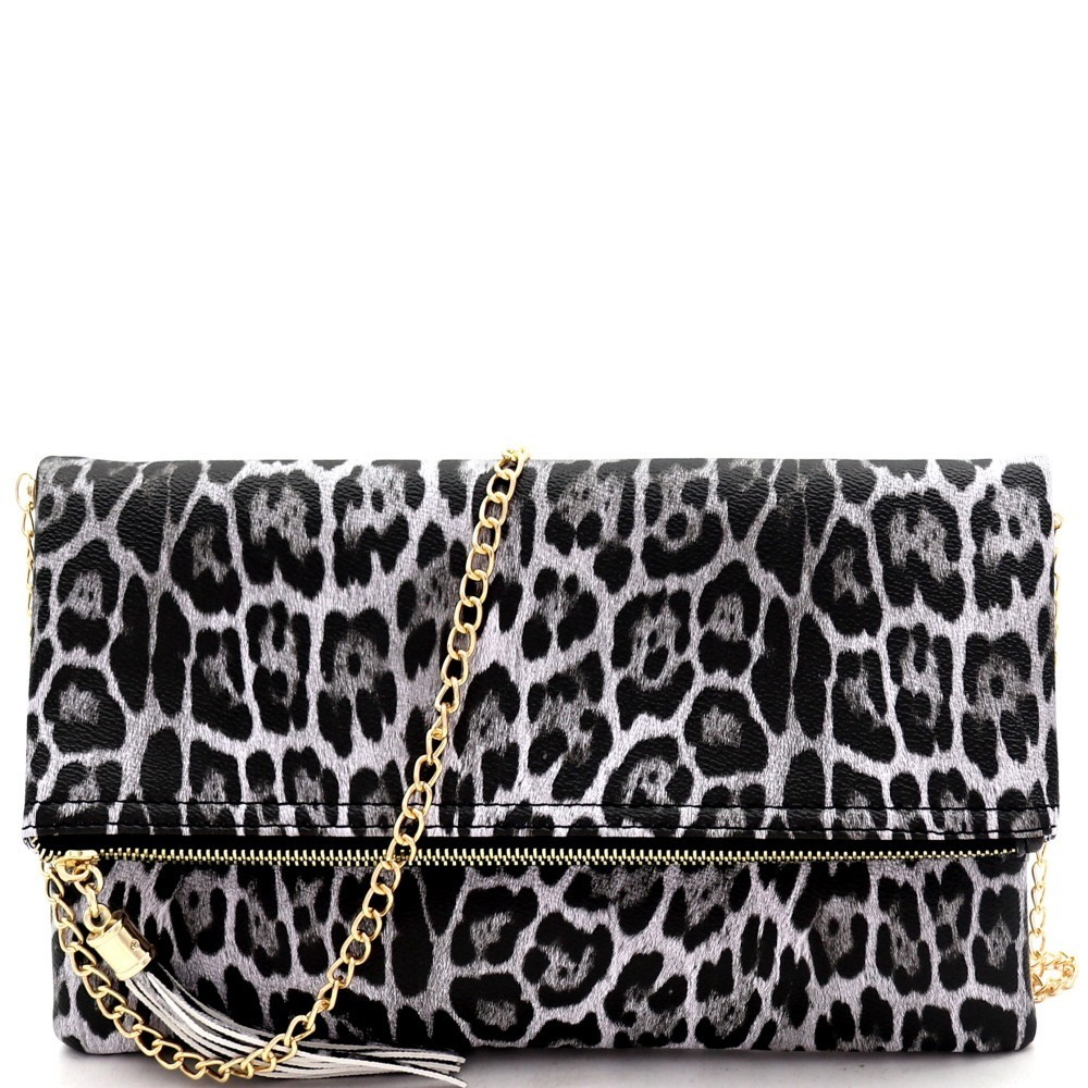 Fold-Over Tassel Accent Leopard Print Clutch Shoulder Bag MH-LE048