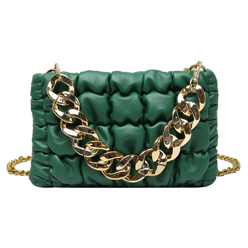 Green Leather Quilted Bag Flap Square Chain Shoulder Bags Small Size