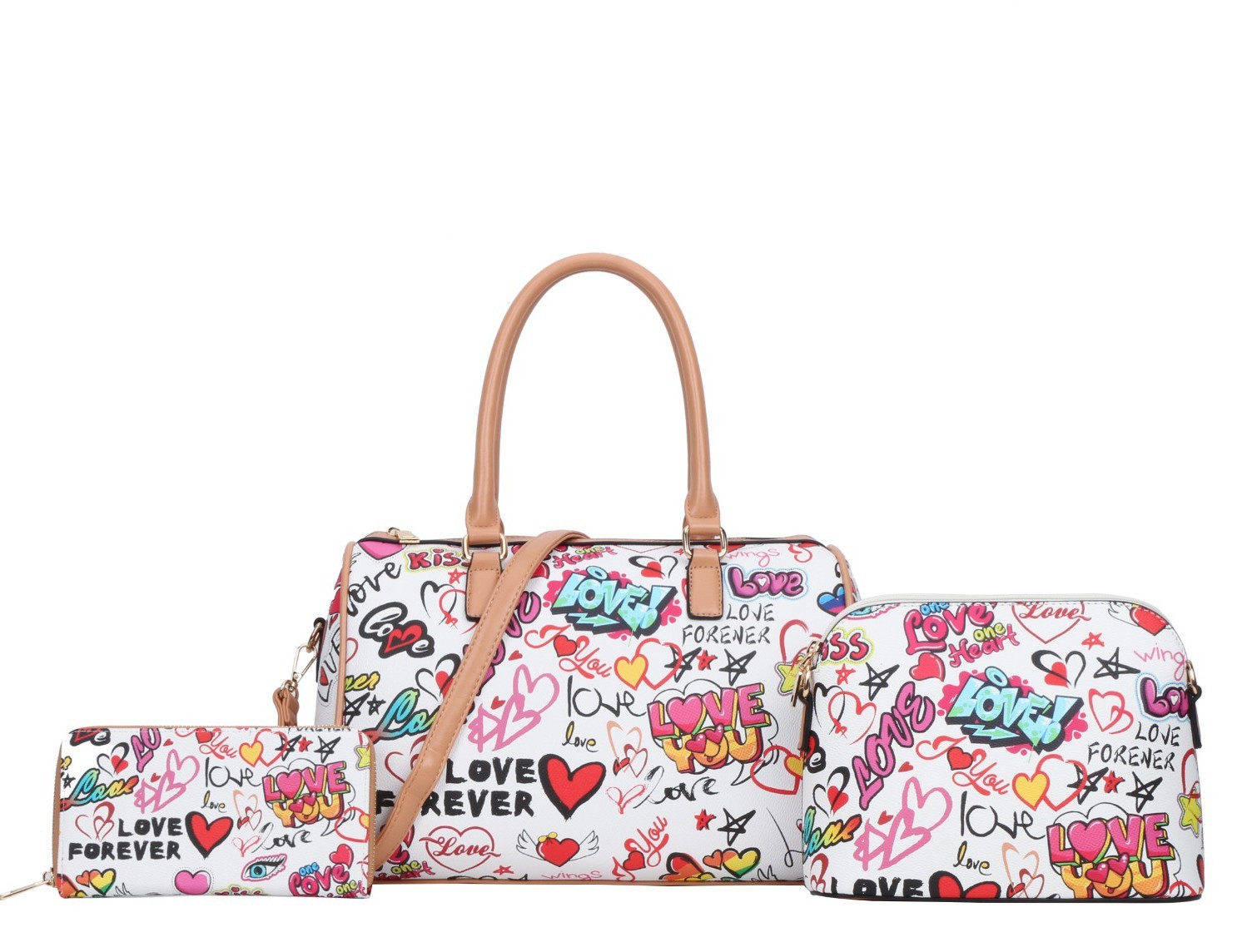 Graffiti HEART -LOVE Print 3-Pieces Set Boston Satchel - 3 IN ONE