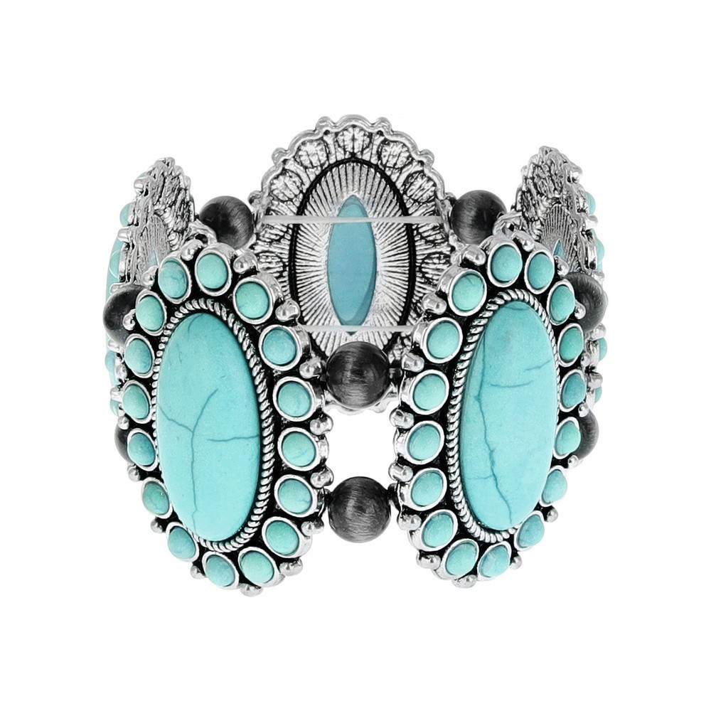 Trendy Western Turquoise Squash Blossom Stretch Bracelet SLB4359