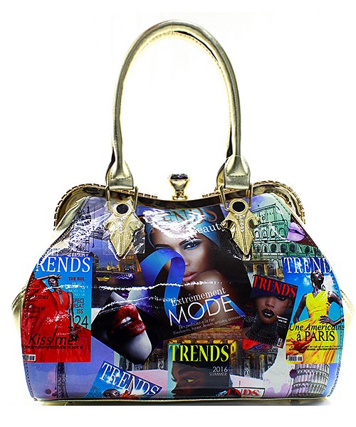 magazine print handbag Boutique Handbags Mezon Handbags