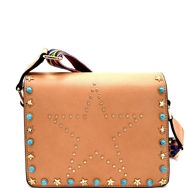 SD6079-LP Studded Star Accent Shoulder Bag with Tribal Aztec Strap >  Messenger Bags ,Cross Body > Mezon Handbags