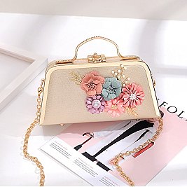 3D Flower-Pearl Design Metal Frame Satchel