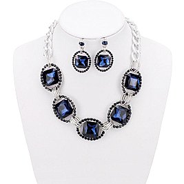 Trendy Chunky Square Gem in Oval Rhinestone Link Necklace and Earrings Set