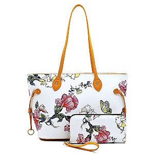 Flower Butterfly Print Shopper Tote Wallet SET FW-ES3679 > Mezon Handbags