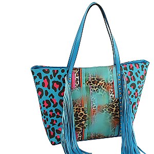 Teal Cow Cow Print Fringe Crossbody 