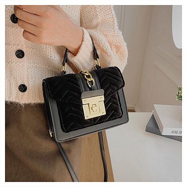 Push-lock Chain Accented Corduroy Handbag