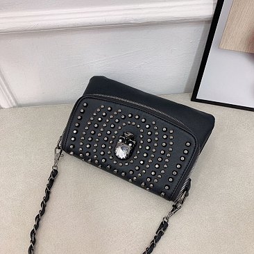 Skeleton Flap Top Studded Crossbody / Shoulder Bag