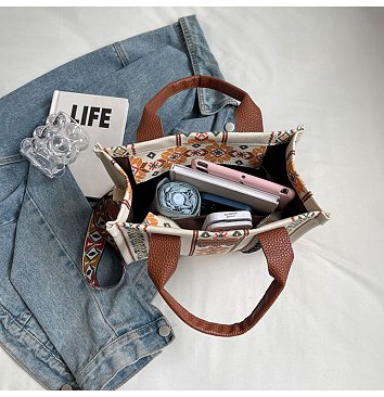 Aztec Print Canvas Tote With Guitar Strap