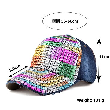 Multi Color Rhinestone Baseball Denim Cap