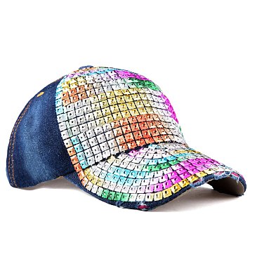 Multi Color Rhinestone Baseball Denim Cap