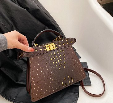 Two Tone Croc Twist Lock Satchel / Crossbody Bag