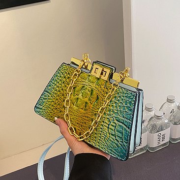 Dual Compartment Tie-dyed Croc Metal Frame Handbag with Chain Link