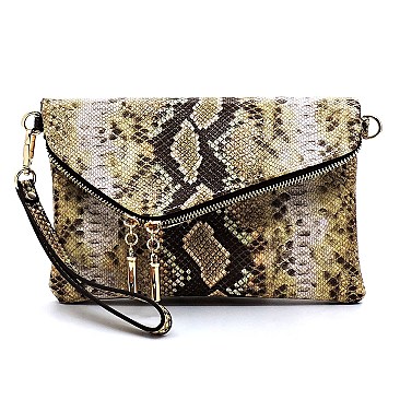 Asymmetrical Multi-Color Snake Print Flap Clutch Shoulder Bag