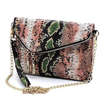 Asymmetrical Multi-Color Snake Print Flap Clutch Shoulder Bag