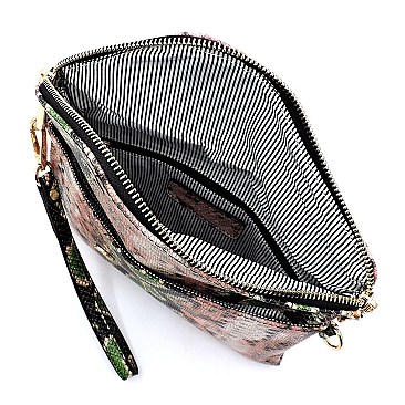 Asymmetrical Multi-Color Snake Print Flap Clutch Shoulder Bag