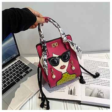 Woman with 3D Pearl Earring & Sunglasses Figure Satchel-Crossbody Bag