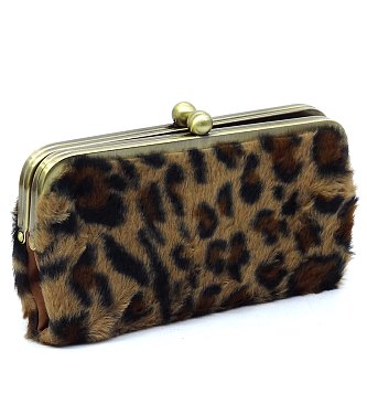 Leopard Fur Kiss Lock Clutch Wallet