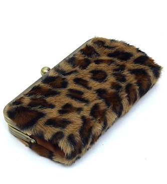 Leopard Fur Kiss Lock Clutch Wallet