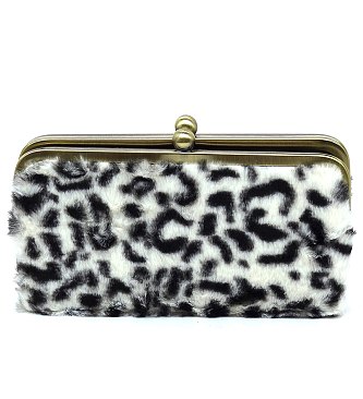 Leopard Fur Kiss Lock Clutch Wallet