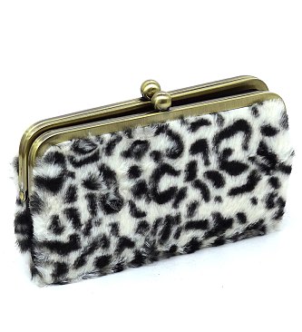 Leopard Fur Kiss Lock Clutch Wallet