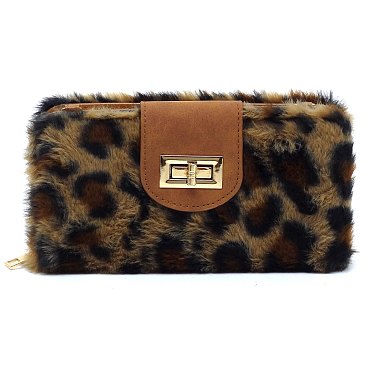 Cute Plush Terry Fur Turn Lock Crossbody Large Wallet