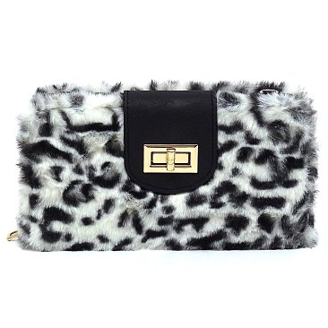 Cute Plush Terry Fur Turn Lock Crossbody Large Wallet