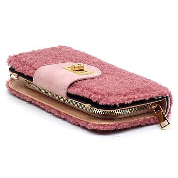 Cute Plush Terry Fur Turn Lock Crossbody Large Wallet