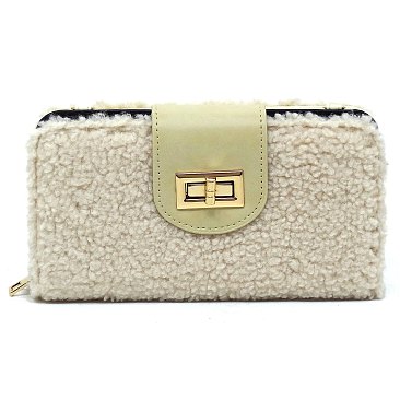 Cute Plush Terry Fur Turn Lock Crossbody Large Wallet