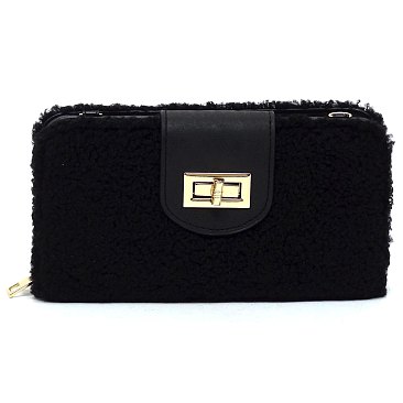 Cute Plush Terry Fur Turn Lock Crossbody Large Wallet