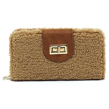 Cute Plush Terry Fur Turn Lock Crossbody Large Wallet