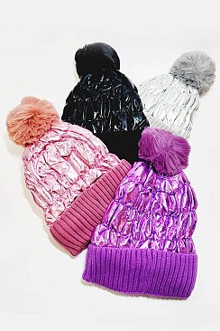 PACK OF 12 Trendy Metallic puffer hat with pom-pom