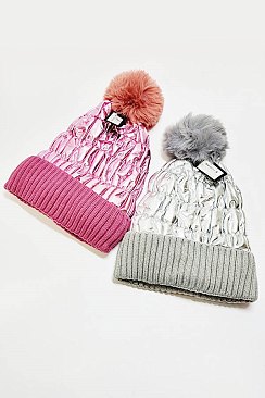 PACK OF 12 Trendy Metallic puffer hat with pom-pom