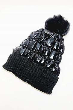 PACK OF 12 Trendy Metallic puffer hat with pom-pom