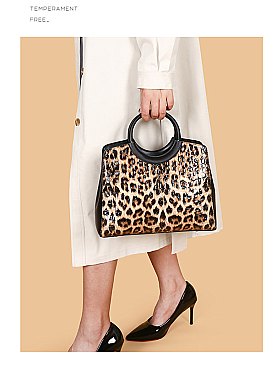 Animal Print Patent Circle Handle Satchel