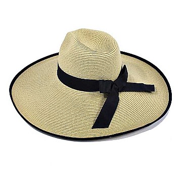 Ribbon Trim Wide Straw Hat