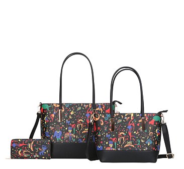 3 IN 1 Graffiti-Monogram Dual Totes Set With Wallet