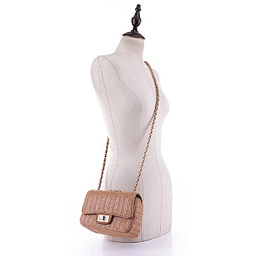 Stylish Straw Twist Lock Flap Crossbody Bag