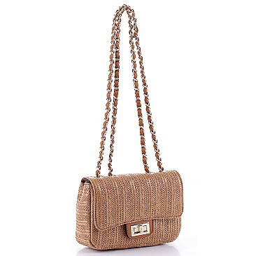 Stylish Straw Twist Lock Flap Crossbody Bag