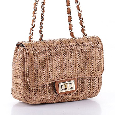 Stylish Straw Twist Lock Flap Crossbody Bag