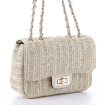 Stylish Straw Twist Lock Flap Crossbody Bag