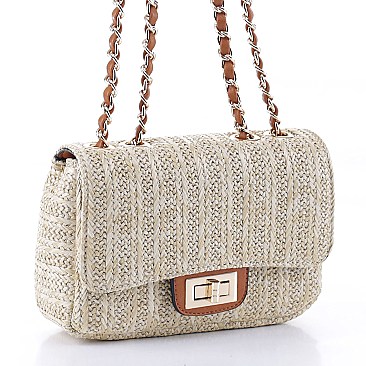 Stylish Straw Twist Lock Flap Crossbody Bag