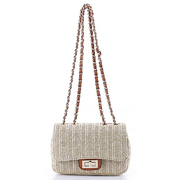 Stylish Straw Twist Lock Flap Crossbody Bag